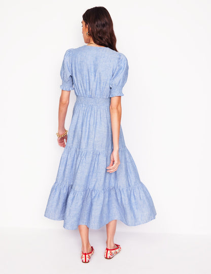 Anna Linen Tiered Midi Dress-Summer Blue Chambray