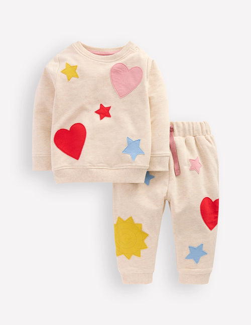 Appliqué Sweatshirt Set-Oatmeal Hearts & Star Applique