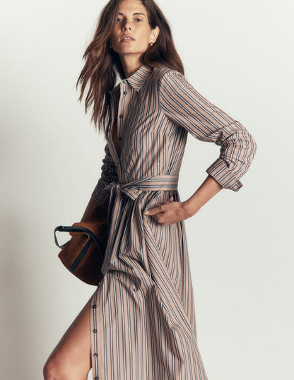 Alexa Cotton Midi Shirt Dress-Camel, Navy Tram Stripe
