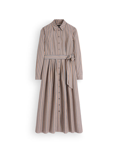Alexa Cotton Midi Shirt Dress-Camel, Navy Tram Stripe