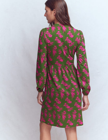 Amy Short Jersey Dress-Olive, Blossomy Sprig