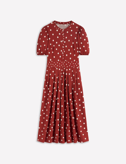 Amber Pleat Jersey Midi Dress-Burnt Orange, Painted Dot
