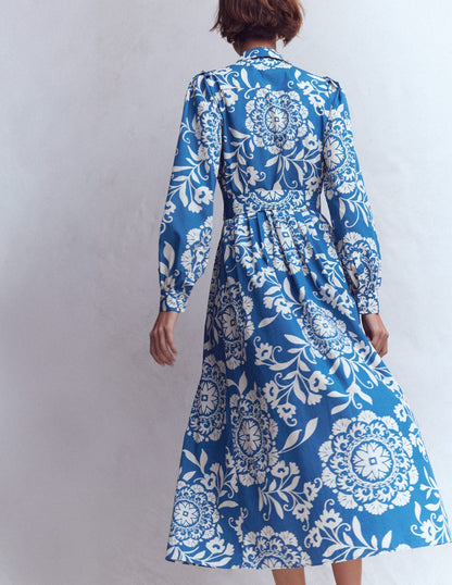 Alexa Cotton Midi Shirt Dress-Blue, Decorative Blossom