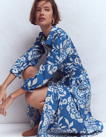 Alexa Cotton Midi Shirt Dress-Blue, Decorative Blossom