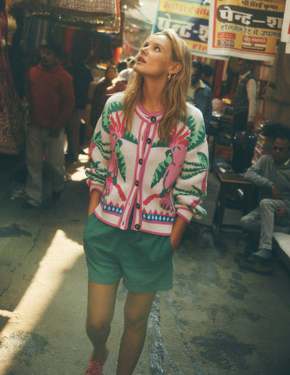 Abi Jacquard Cardigan-Warm Ivory, Palm Tree Birds