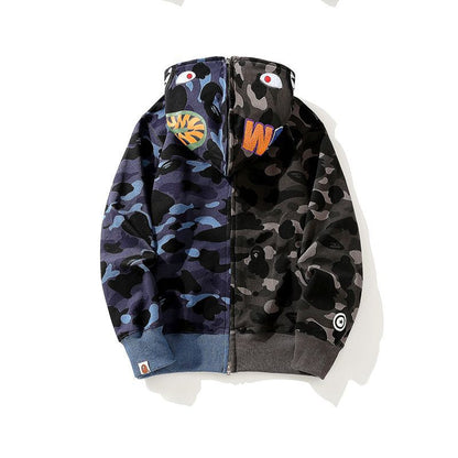 Bathing Ape Hoodie Color Matching Zip Full Open Camo Shark Hooded Sweater Jacket