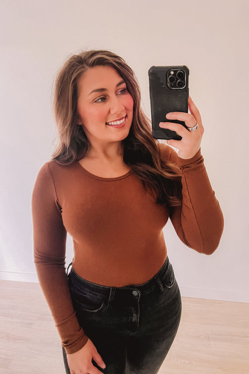 (SALE) Never Settle Ribbed Bodysuit (Camel)