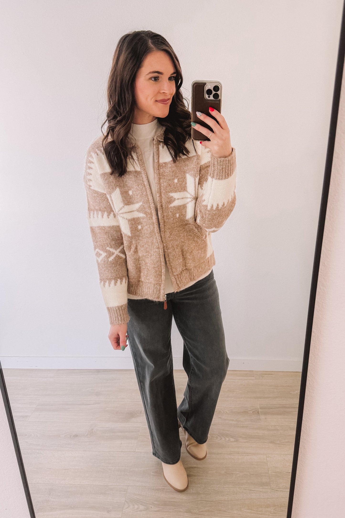 (SALE) Fair Isle Zipper Sweater Jacket (Latte)