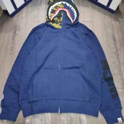 Bathing Ape Hoodie Autumn and Winter Shark Head Color Matching Cardigan Loose Sweater Jacket