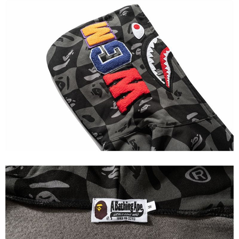 Bathing Ape Hoodie Checkered Embroidered Black and Grey Sweater Zipper Hooded Jacket Cardigan