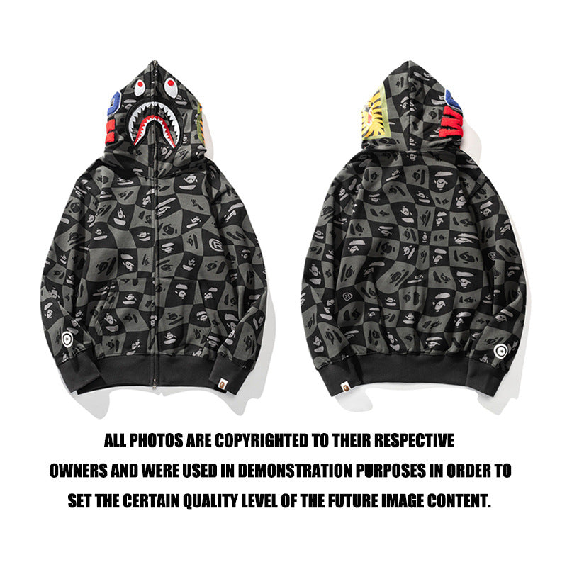 Bathing Ape Hoodie Checkered Embroidered Black and Grey Sweater Zipper Hooded Jacket Cardigan