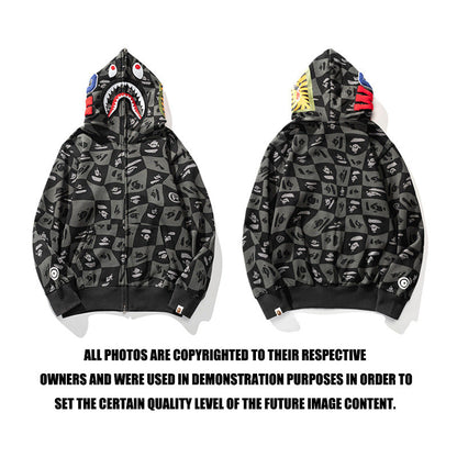 Bathing Ape Hoodie Checkered Embroidered Black and Grey Sweater Zipper Hooded Jacket Cardigan