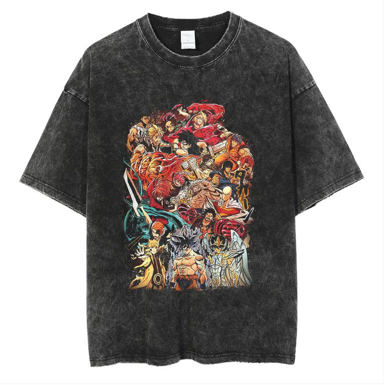 Anime cartoon dragon ball vintage wash print short sleeve t-shirt