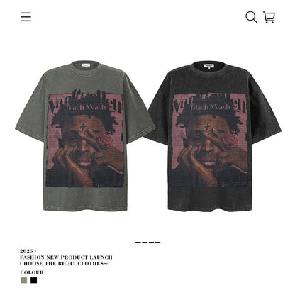 American vintage street T-shirt pure cotton retro men's and women's summer loose