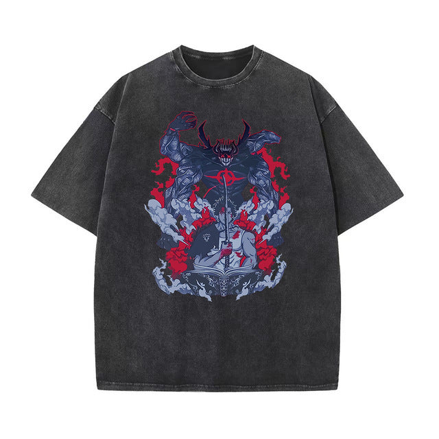Anime printing, washed Japanese retro t-shirt short-sleeved men
