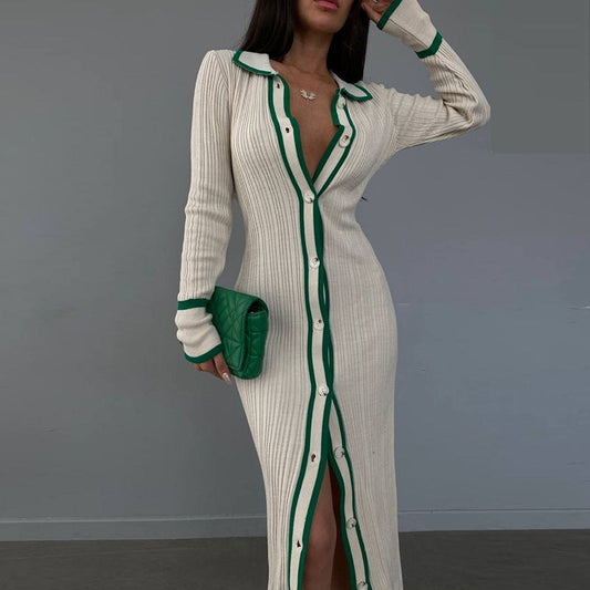 Beach Sweater Dress Slim Lapel Long Sleeve Cardigan Dress