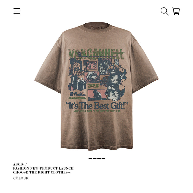 American vintage street T-shirt pure cotton retro men's and women's summer loose