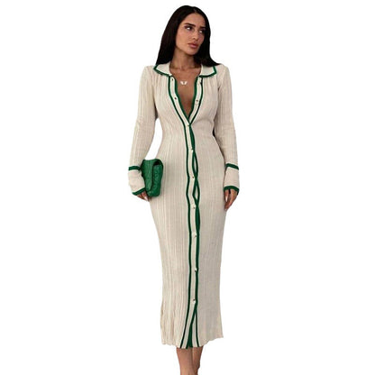 Beach Sweater Dress Slim Lapel Long Sleeve Cardigan Dress