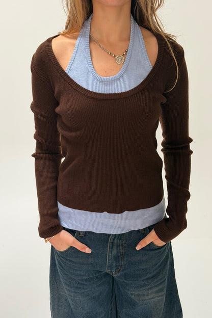 Lorena Layered Ribbed Top Chocolate/Sky