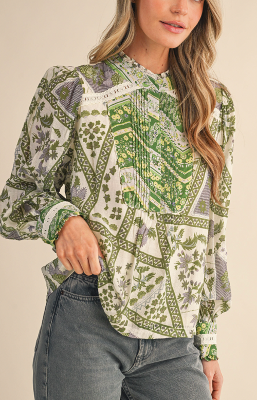 (SALE) Prim & Proper Patchwork Blouse (Olive Green)