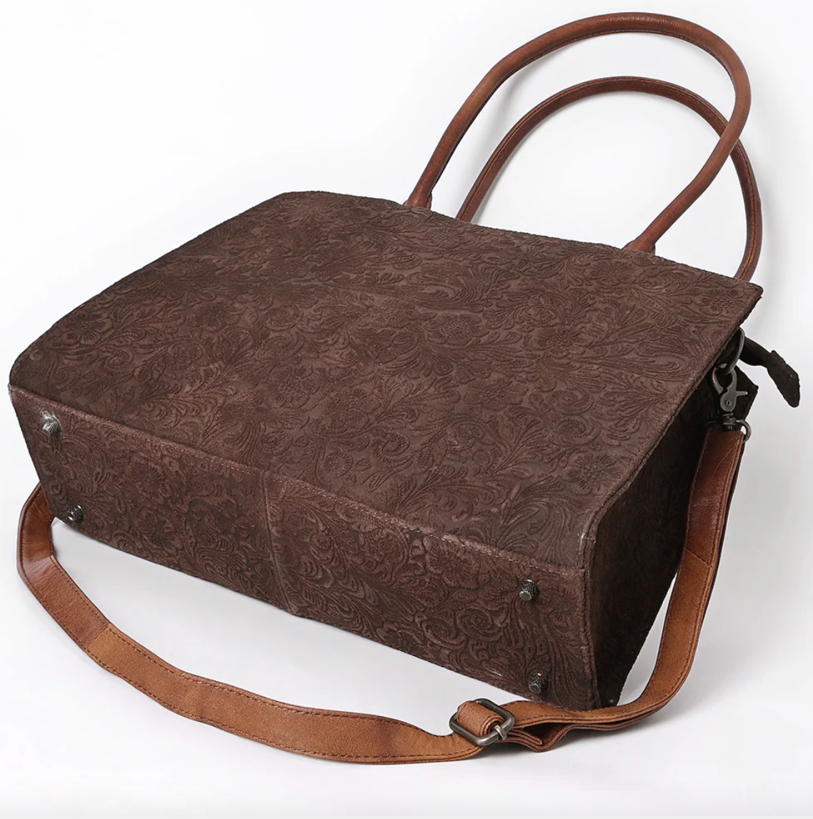 Floral Embossed Tote Bag With Dual Handles & Crossbody Strap - Brown
