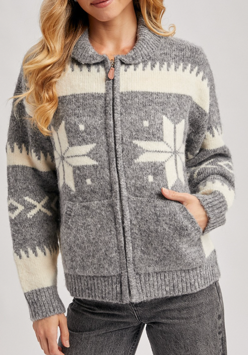 (SALE) Fair Isle Zipper Sweater Jacket (Grey)