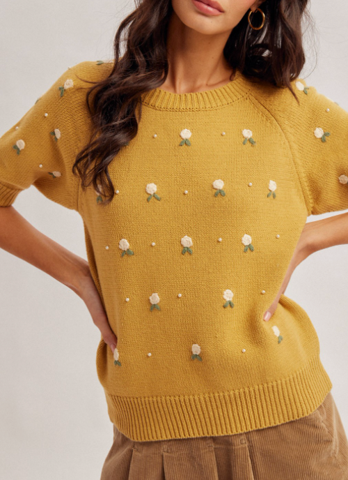 Floral Embroidered Sweater (Mustard)