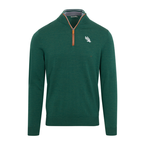 North Texas Hunter Green with Brown Suede Trim Cashmere Touch Australian Merino Quarter Zip Sweater