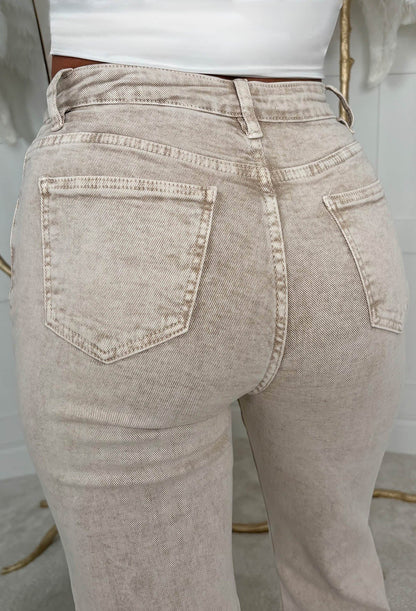 Denim Design Beige Stretch Wide Leg Washed Jeans