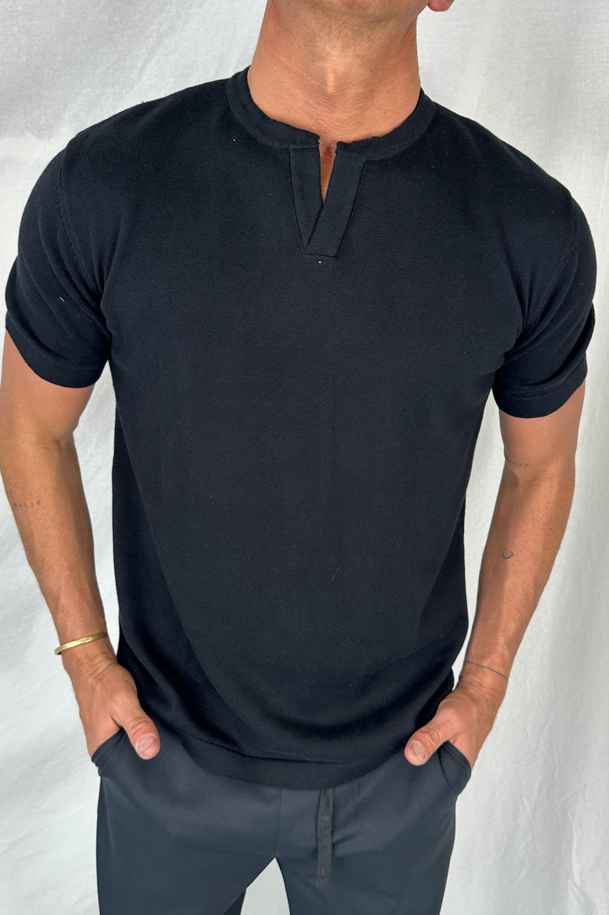 Knitted Split Neck Tee Black - FINAL SALE